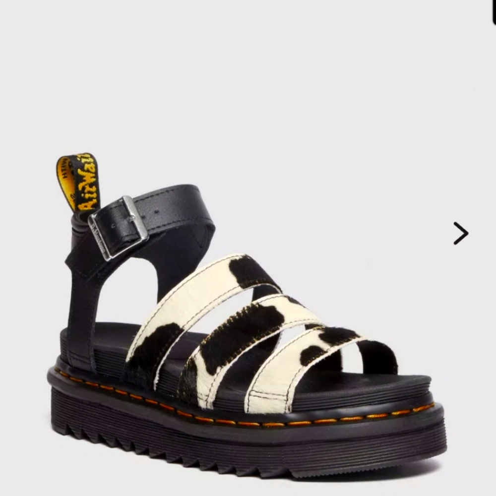 Dr. Martens Black and White Cow Print Leather Platform Sandals